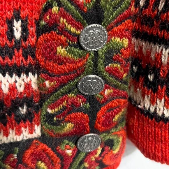 Vintage Sweater Nordic Fair Isle Wool Scandinavian Metal Button Clasp Red Norway - Picture 3 of 6